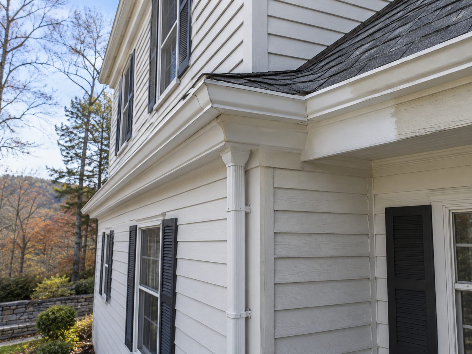 Corner of a two story colonial with a long gutter run, an inside corner joint, an outlet and a downspout reaching the ground