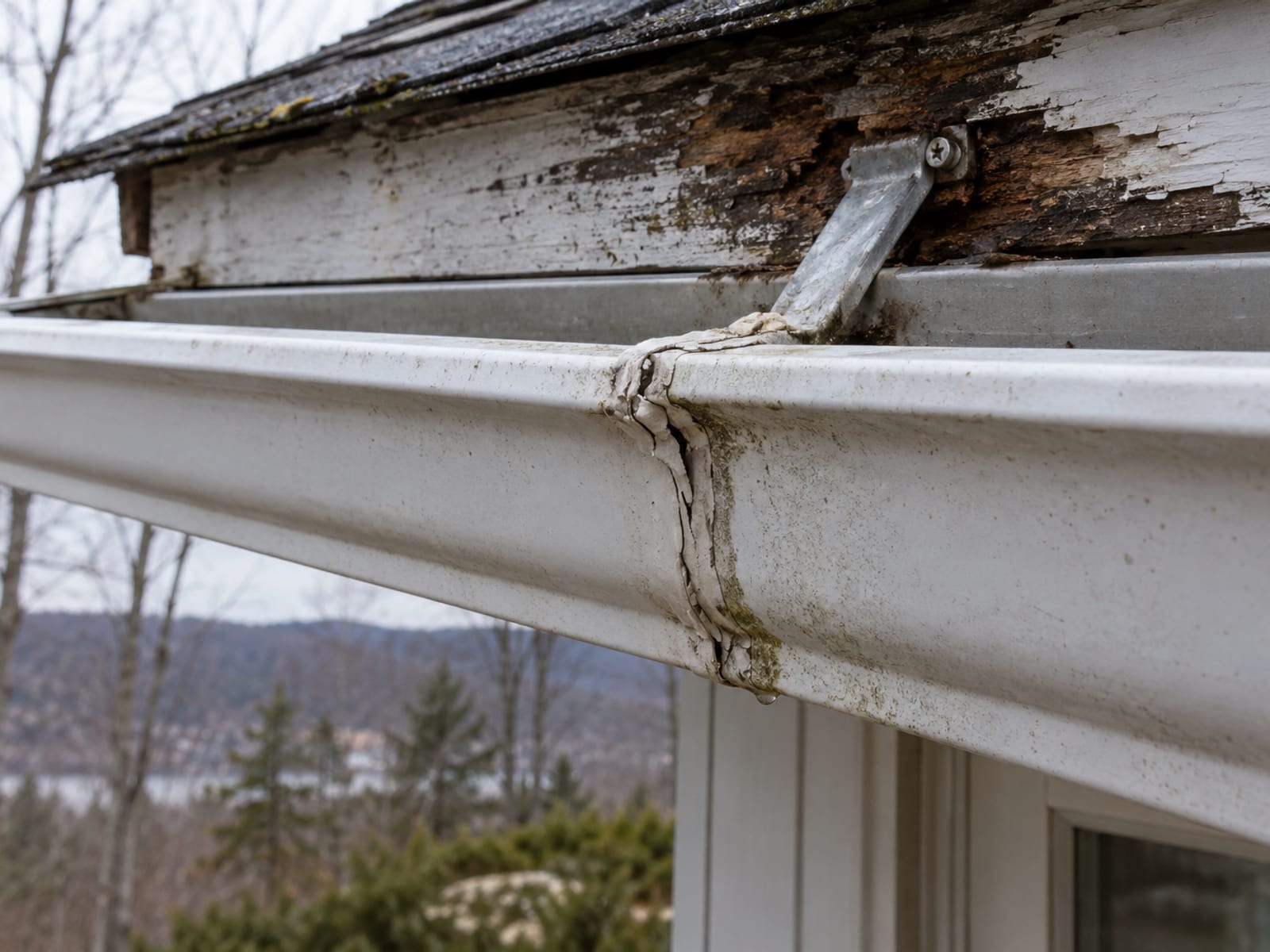 Close view of a gutter seam with cracked sealant, a drip trail and a hanger pulling away from soft, darkened fascia wood