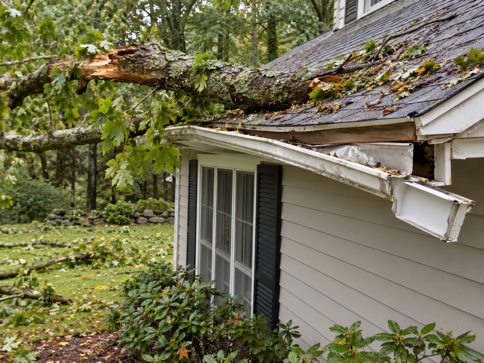 Large fallen tree limb lying across a front gutter run, bending the gutter and pulling it from the fascia