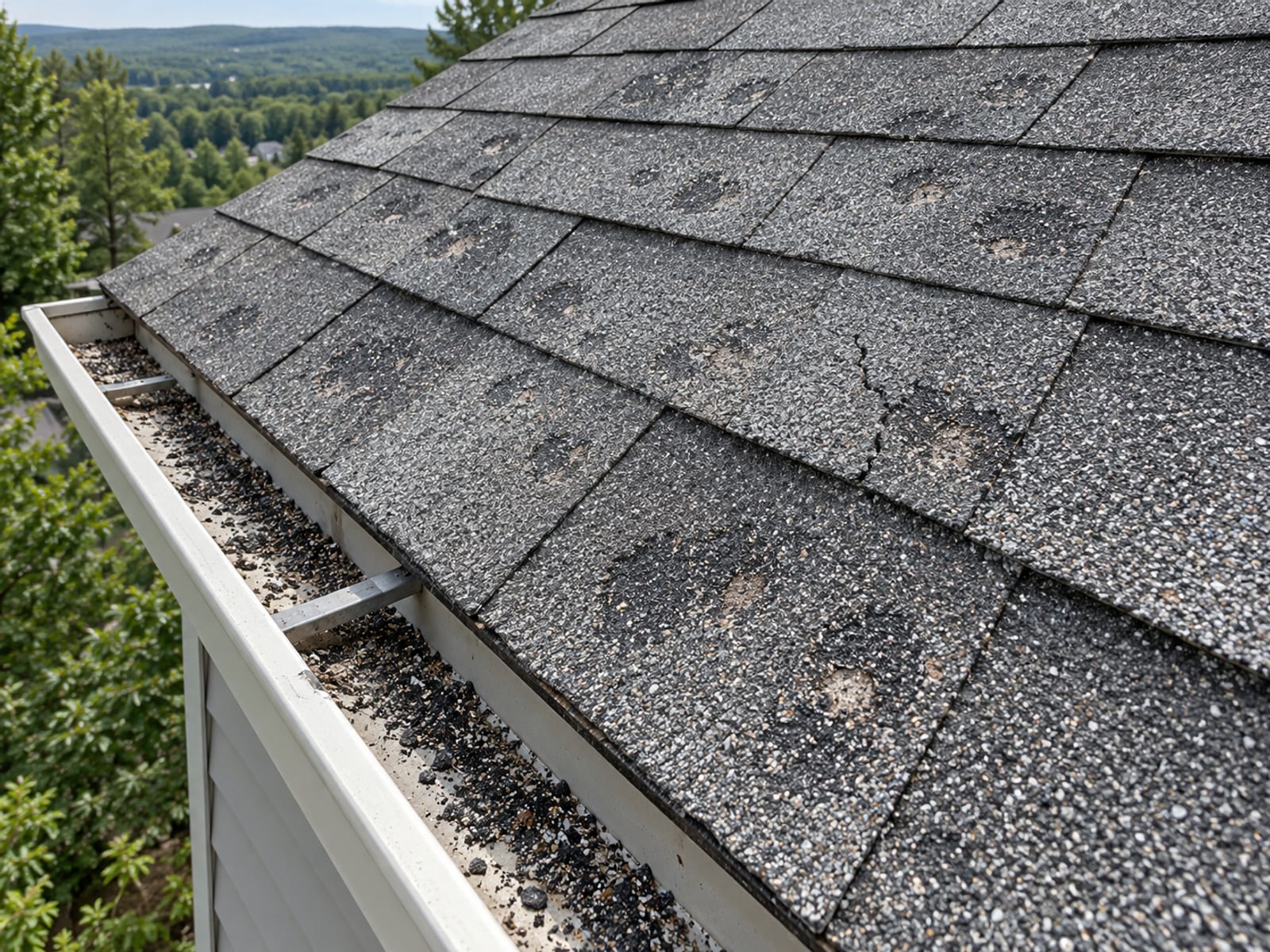 Asphalt shingle roof slope with a wide cluster of bruised spots and bare patches where granules are missing, above a gutter holding loose granules