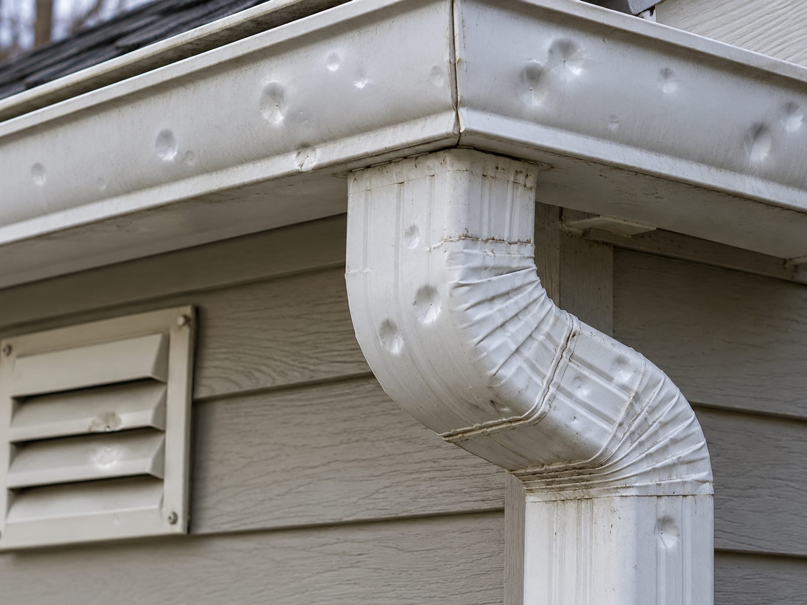 Close view of an aluminum downspout and gutter corner with several round dents beside clapboard siding