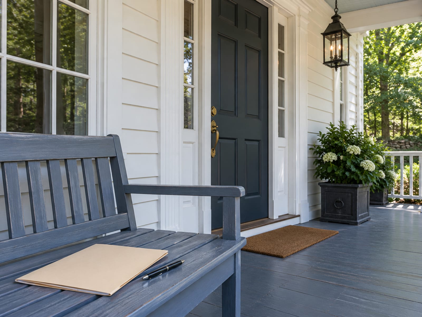Closed plain folder and a pen on a porch bench in front of a colonial front door