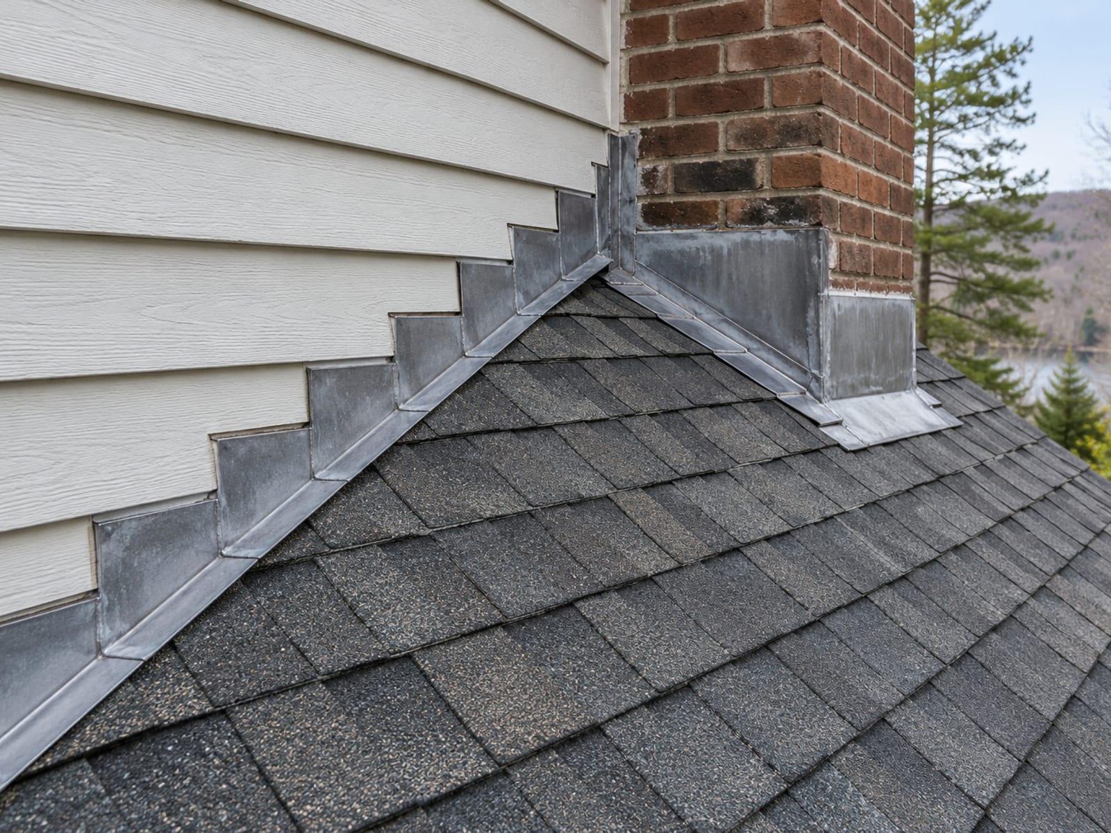 Step flashing running along the junction of an asphalt shingle roof and a clapboard sidewall beside a brick chimney