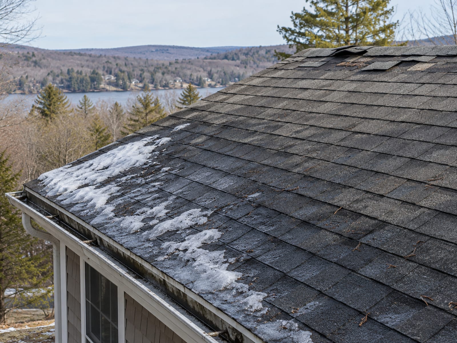 Asphalt shingle slope in early spring with leftover snow patches and a few lifted shingle tabs near the ridge