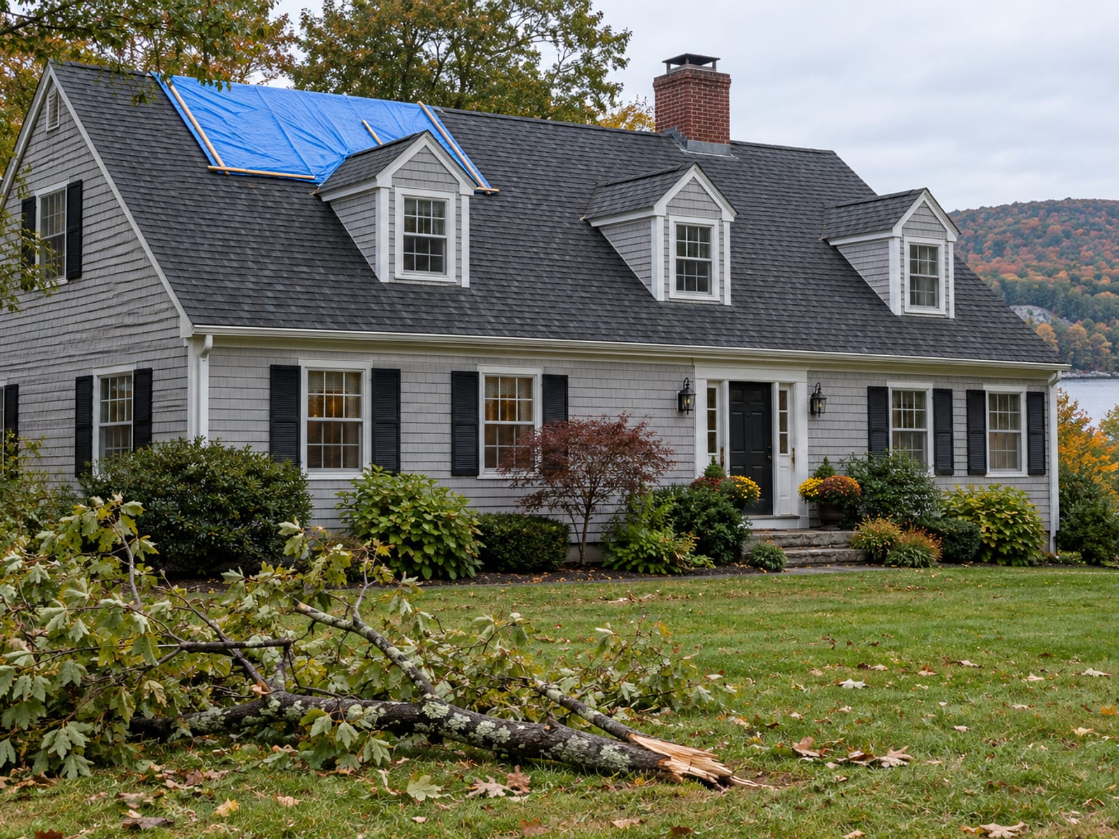 Blue tarp secured over a small section of a Cape house roof with a fallen branch lying on the lawn below