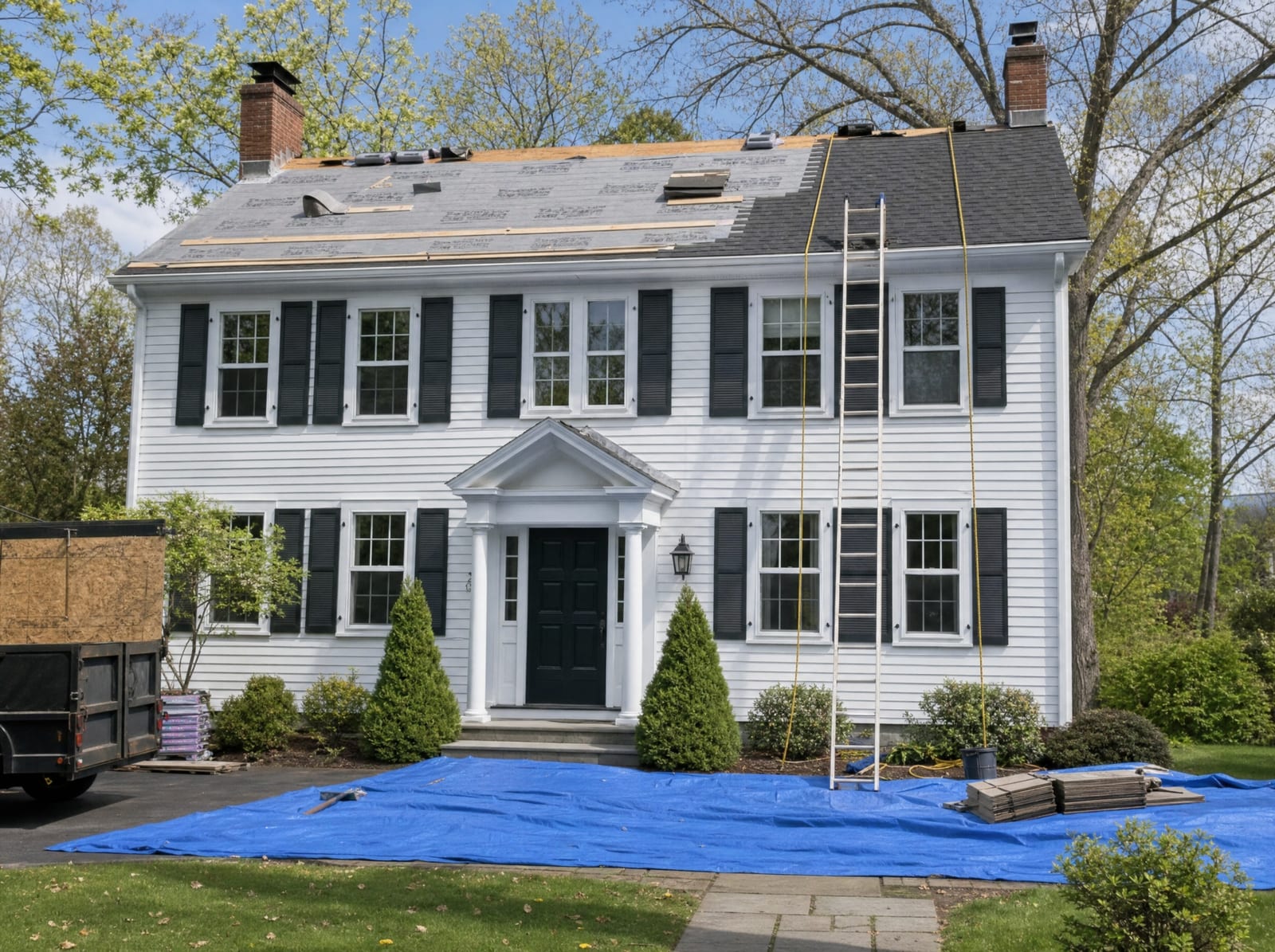 A tidy, safety-conscious roofing job site on a Connecticut home mid-installation