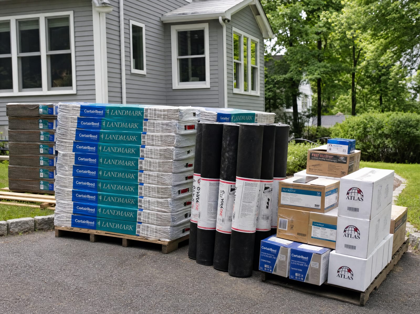 Premium roofing materials neatly staged on a driveway, signaling a professional contractor