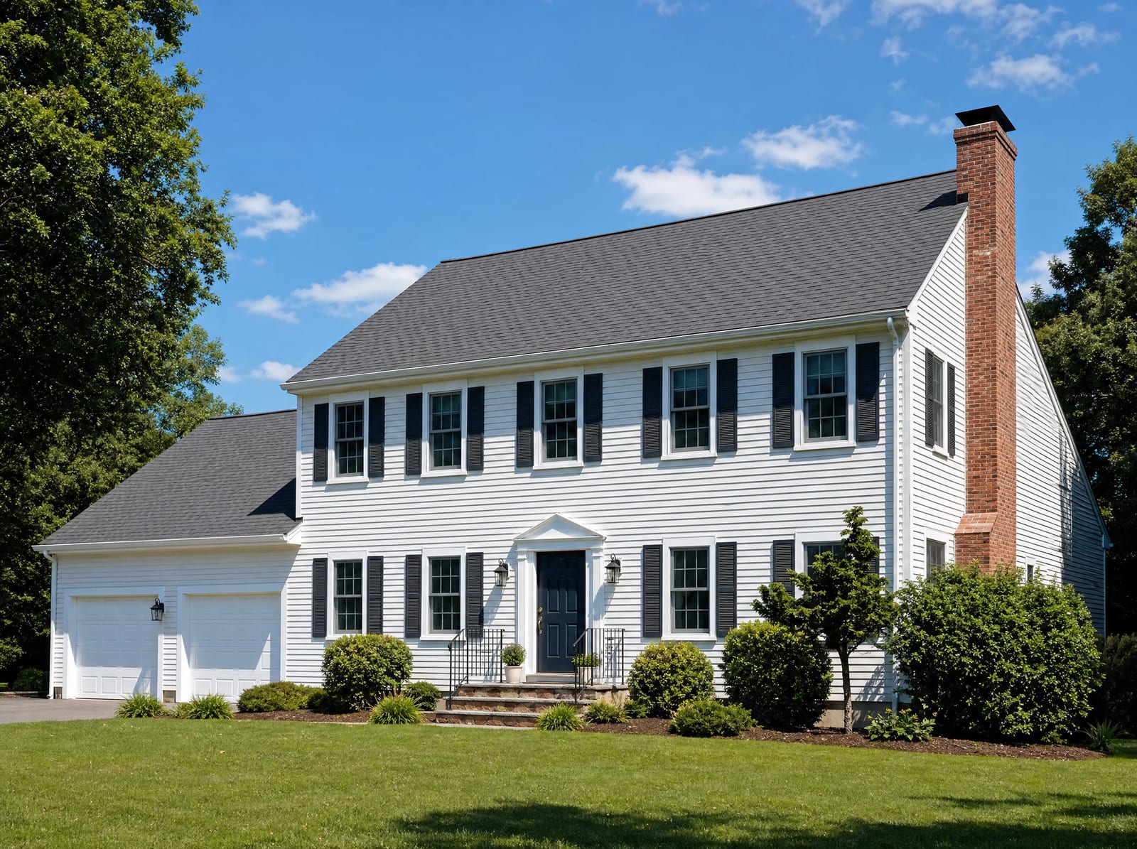 Pristine finished roof on a well-kept Connecticut colonial under a blue summer sky