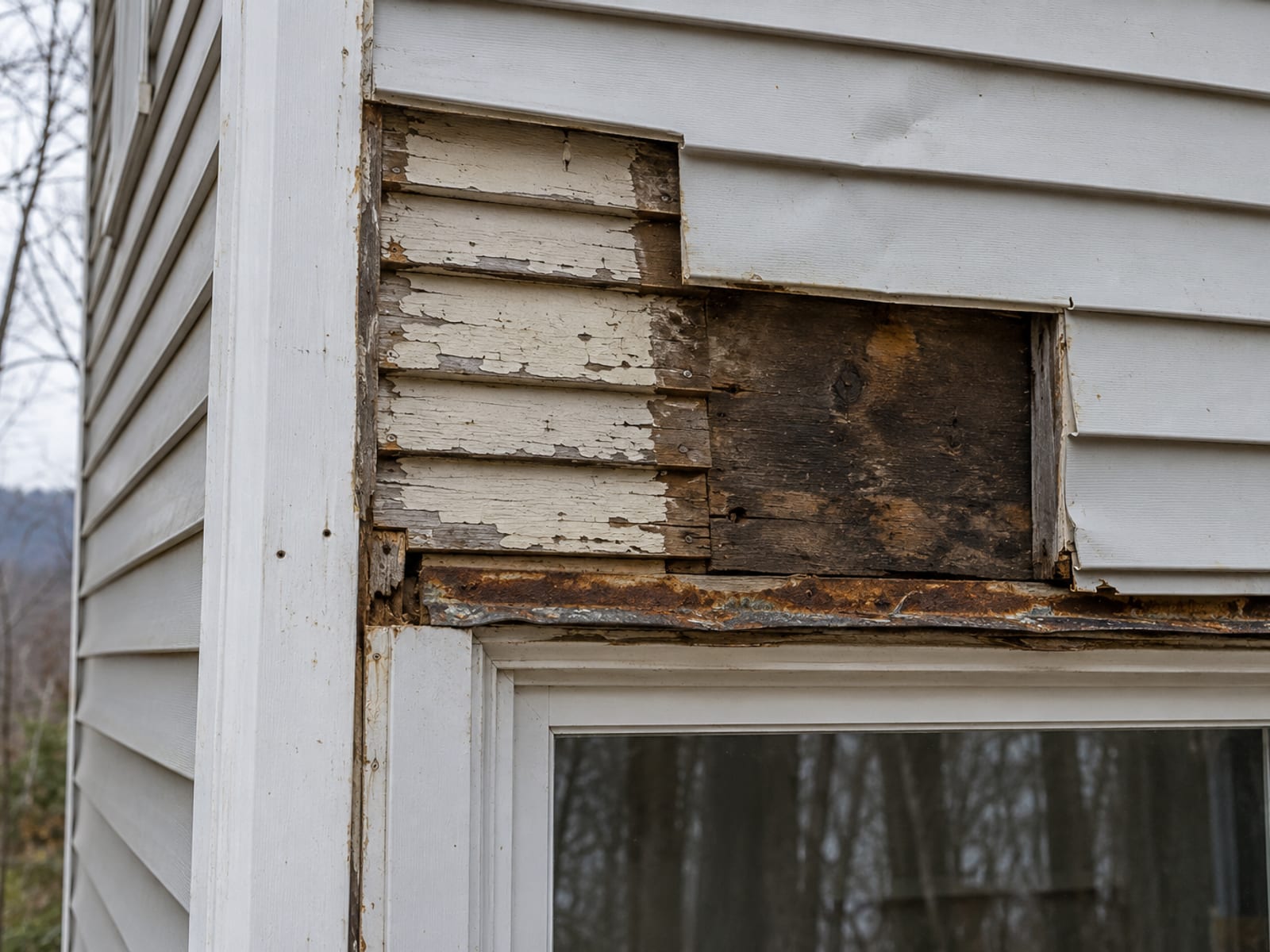 Esquina de una casa antigua con siding de vinilo retirado para mostrar tablas traslapadas angostas anteriores, entablado envejecido y tapajuntas oxidados