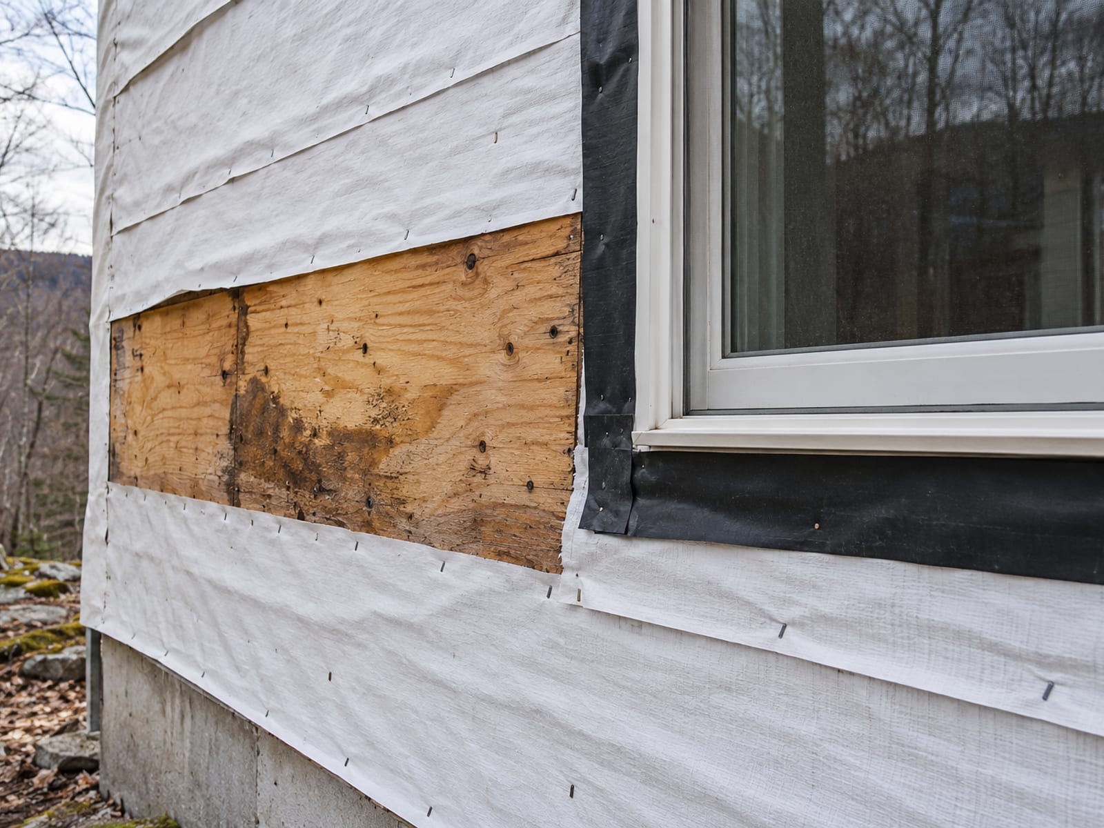 Pared exterior abierta que muestra barrera impermeable, tapajuntas de ventana con cinta y entablado expuesto alrededor de una abertura de ventana