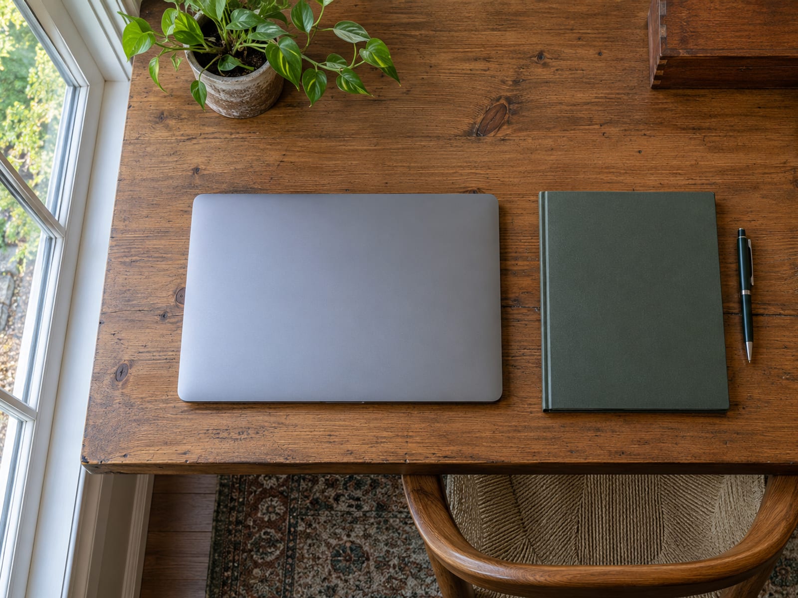 Wooden desk from above with a closed laptop, a plain closed folder and a pen beside a window