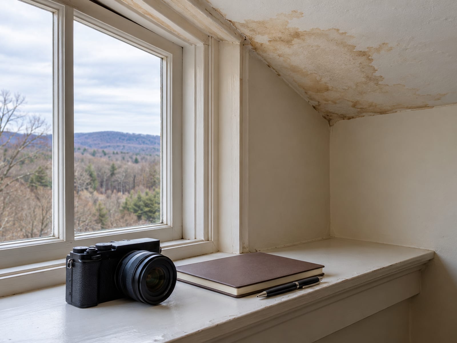 Digital camera and a closed plain notebook with a pen on a windowsill below a water stained ceiling corner
