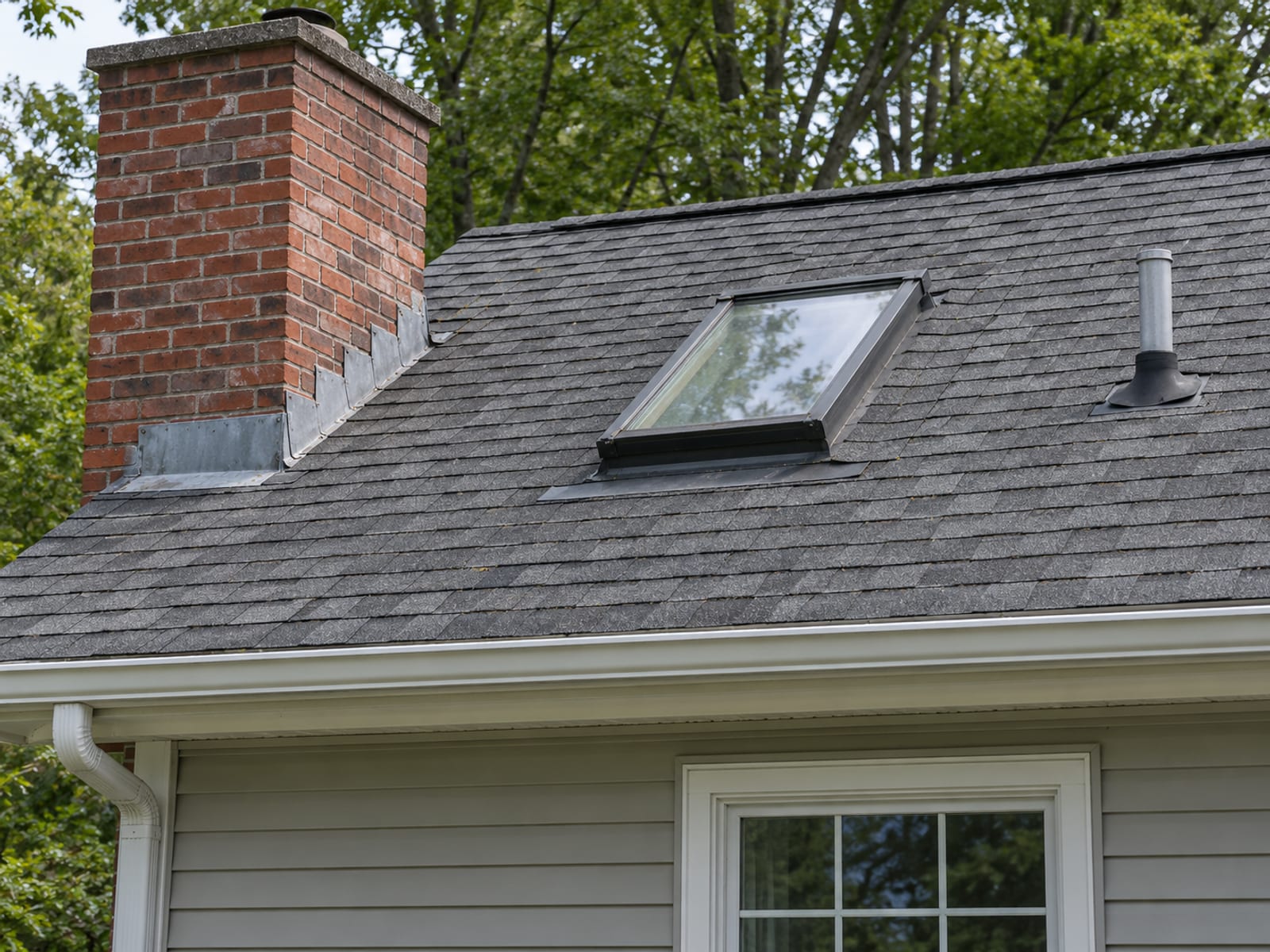 Long view of an asphalt shingle roof with a brick chimney, a skylight, a plumbing vent pipe and gutters