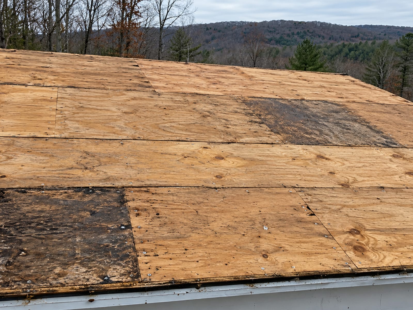 Entablado de techo de madera expuesto después del retiro, con algunas tablas oscuras manchadas por agua y cabezas de clavos restantes