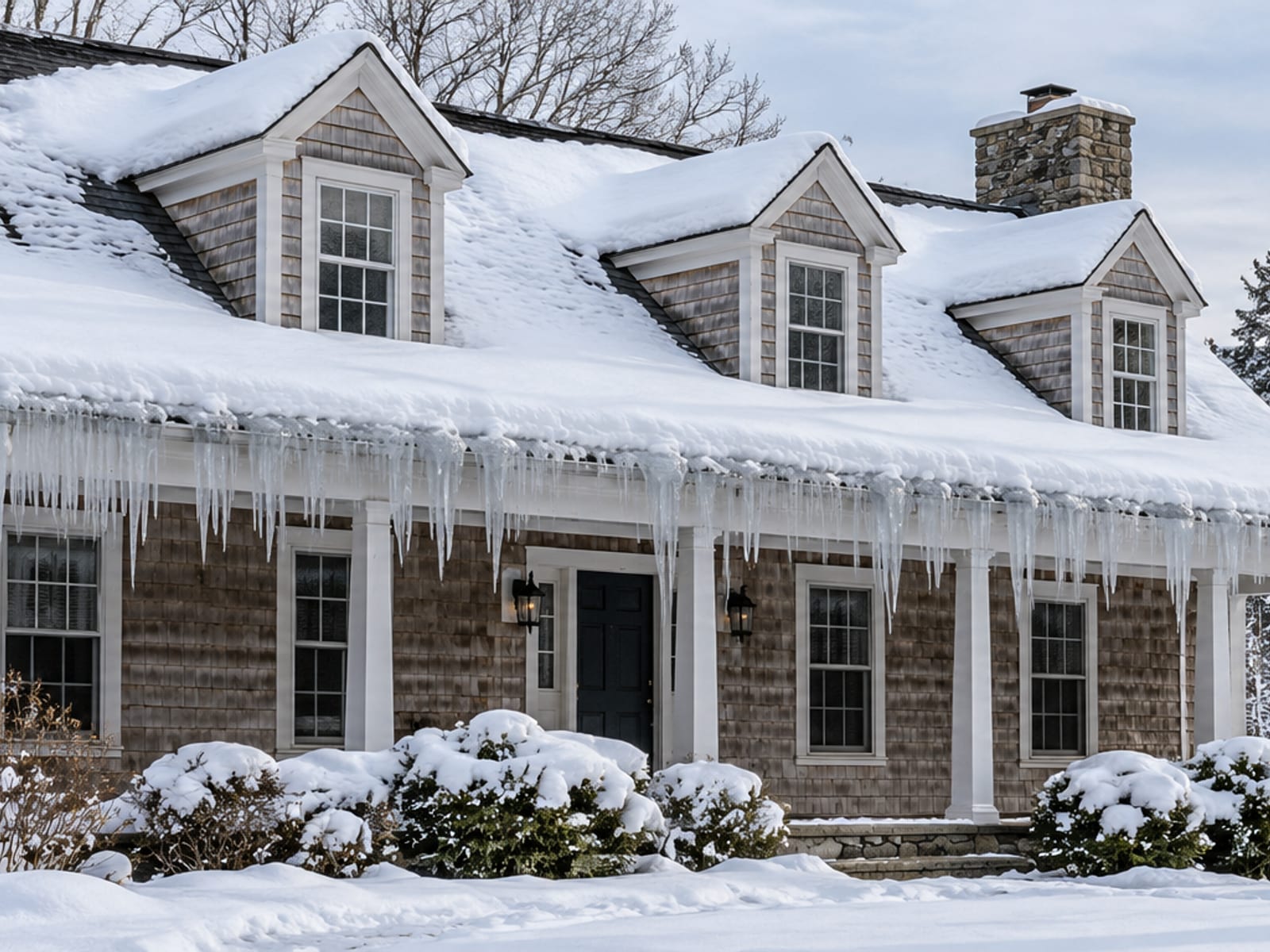 Casa antigua de Connecticut con nieve sobre el techo, carámbanos a lo largo de la canaleta y hielo acumulado en el alero