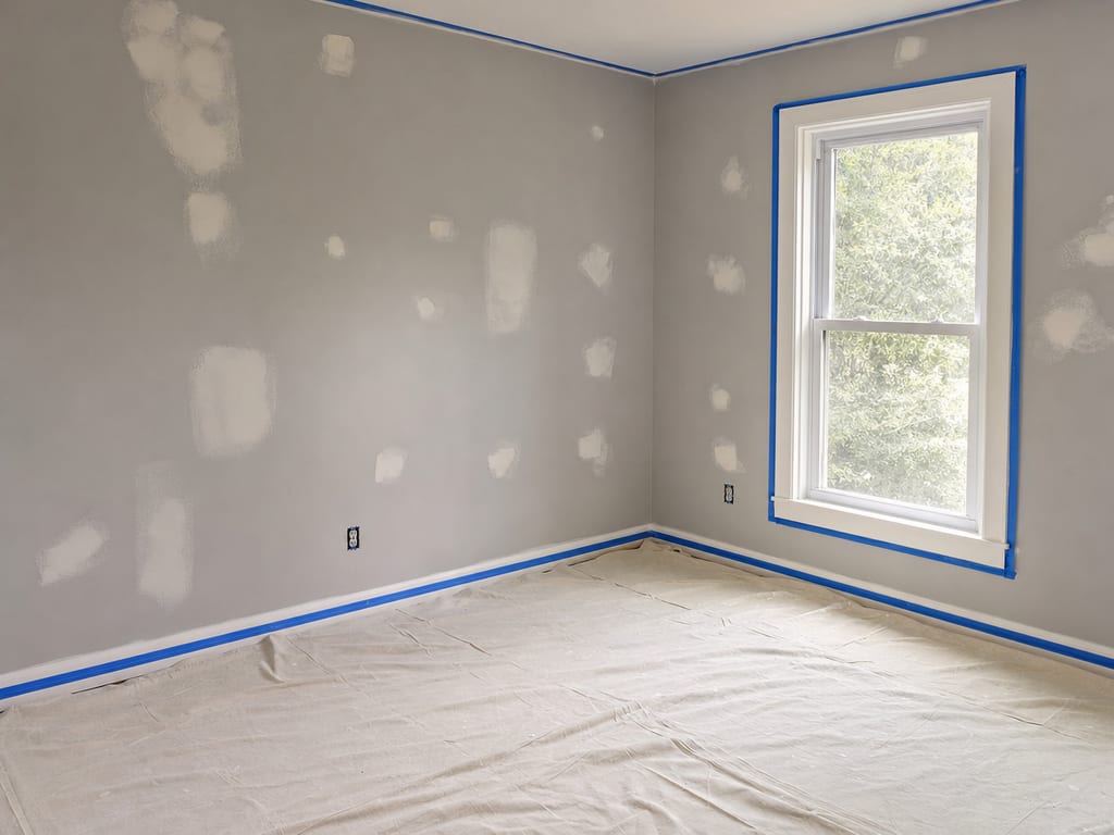 Interior painting prep with masked trim, drop cloths, and patched walls