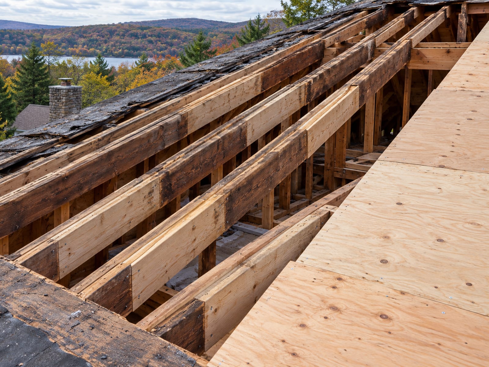 Techo a dos aguas parcialmente desmontado, con vigas de madera expuestas y secciones nuevas de entablado de madera contrachapada en una casa de Connecticut