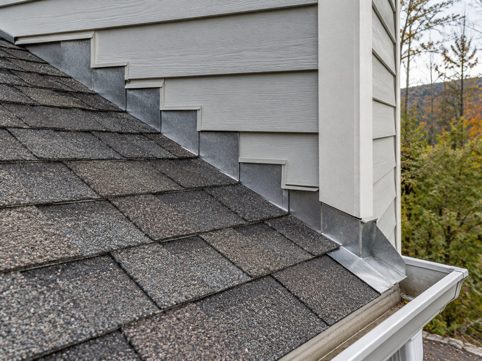 New step flashing woven into asphalt shingles along a sidewall with a kickout flashing at the eave and new siding starting above it