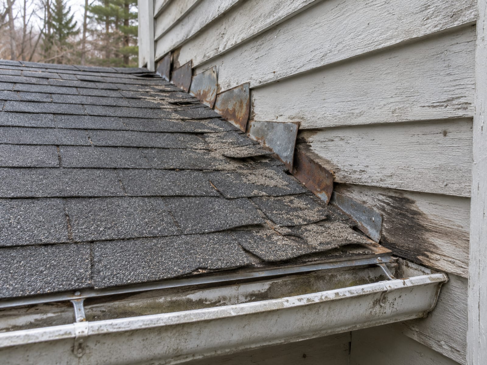 Old corroded step flashing and a sagging gutter at the junction of an aging shingle roof and a worn clapboard wall
