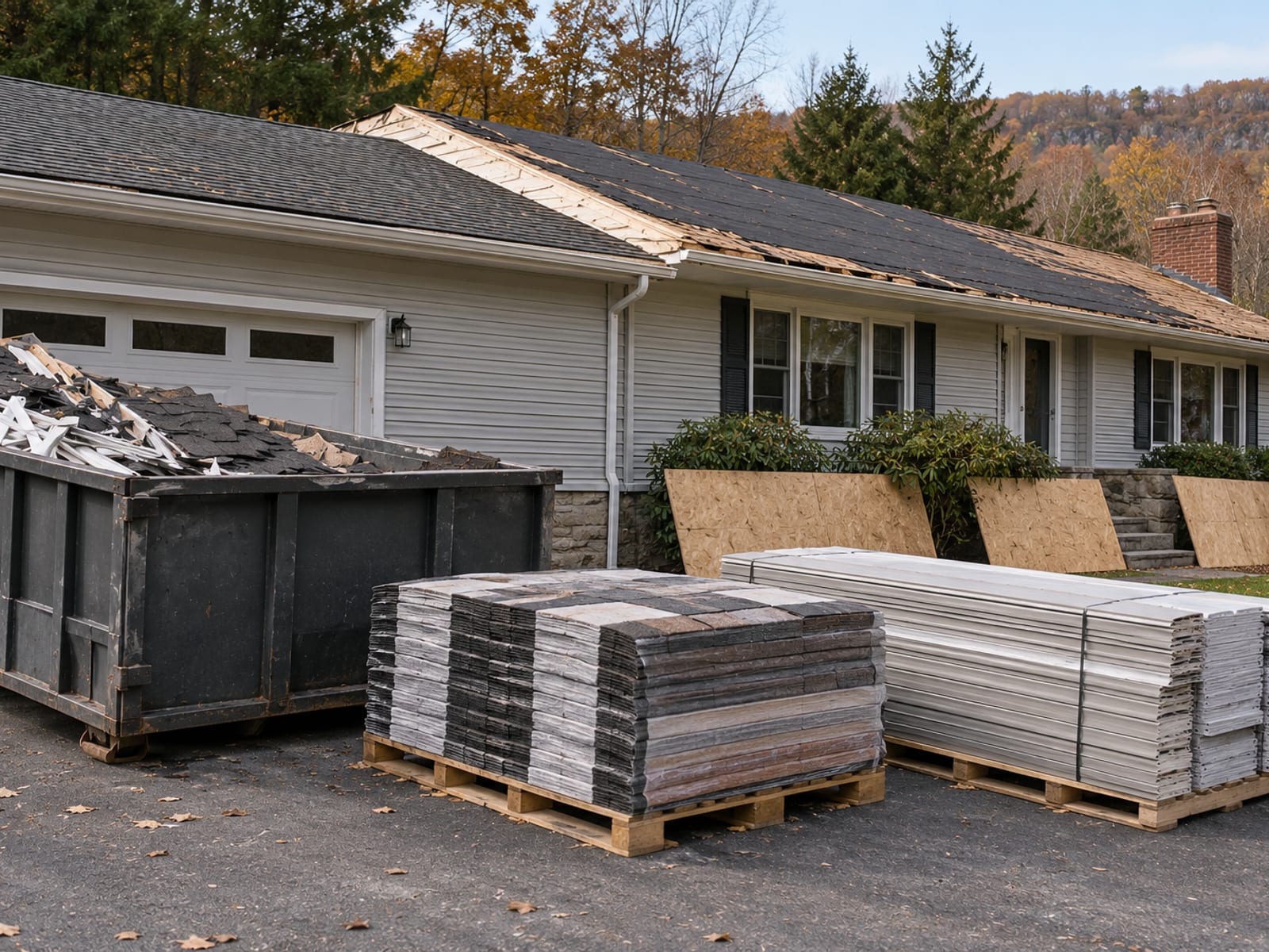 Driveway job site with shingle bundles, siding bundles, protective plywood over shrubs and a plain dumpster beside a ranch house