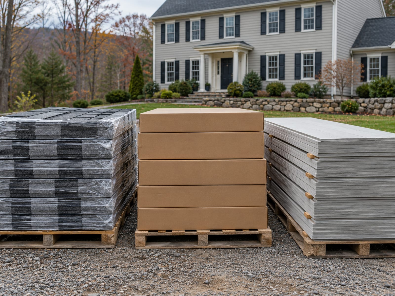 Bundles of asphalt shingles, a stack of vinyl siding boxes and a stack of fiber cement planks side by side on a pallet area
