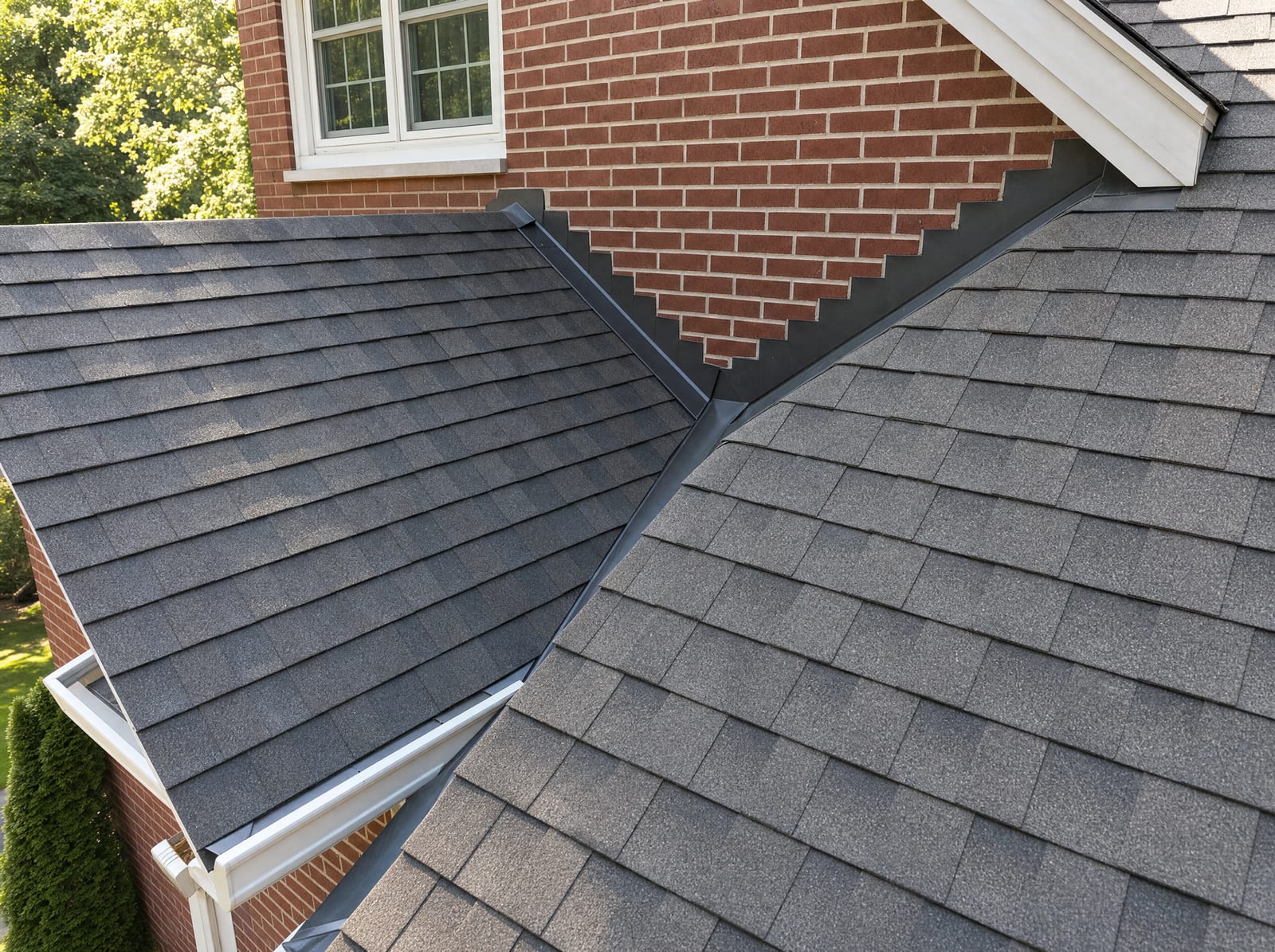 Expertly installed valley flashing on a brick colonial's asphalt shingle roof