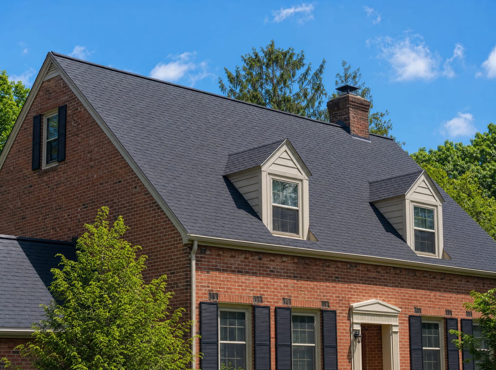 Finished durable roof on a brick colonial, built to last