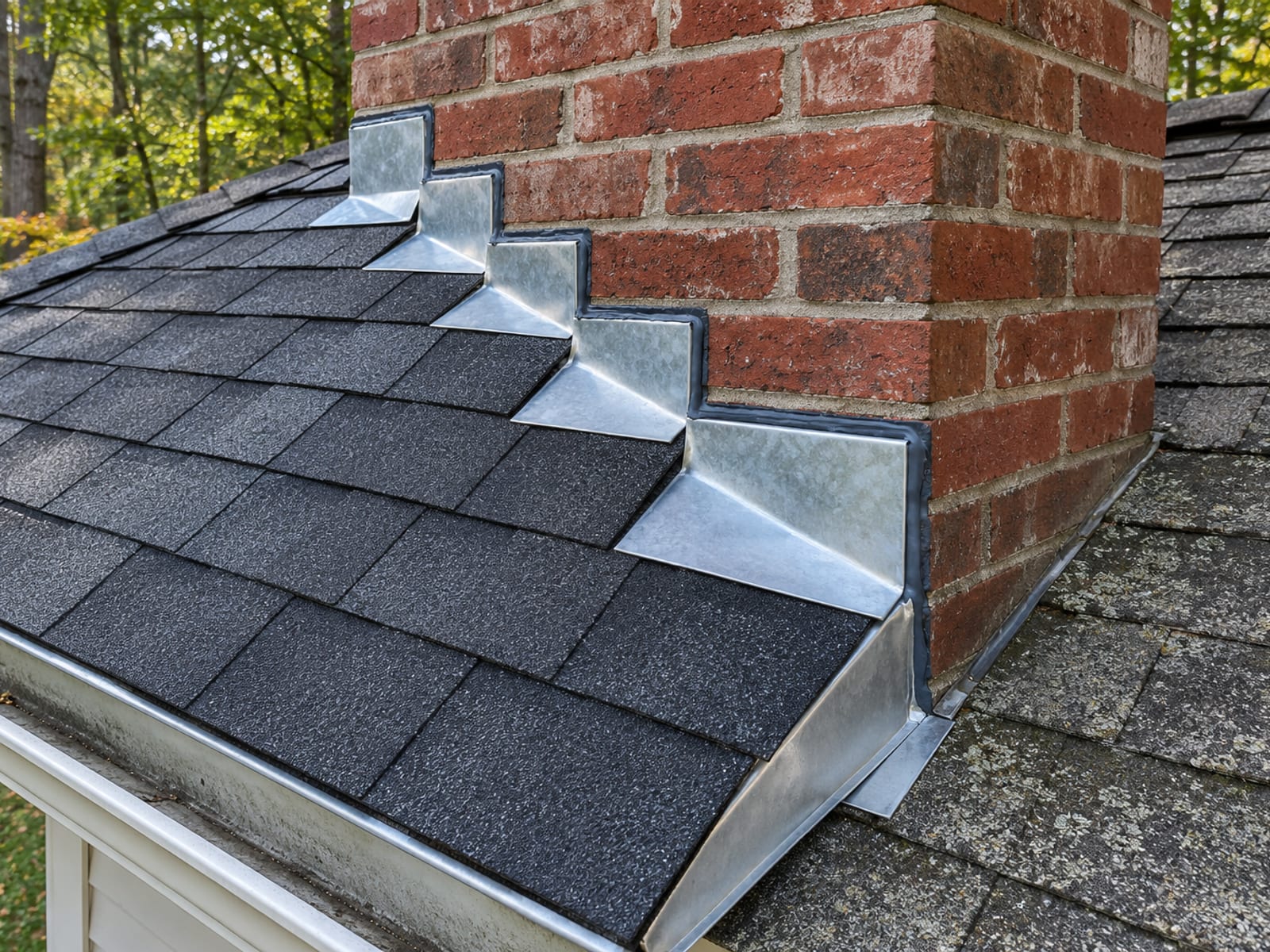 Newly installed step flashing and fresh shingles at a brick chimney sidewall next to older shingles