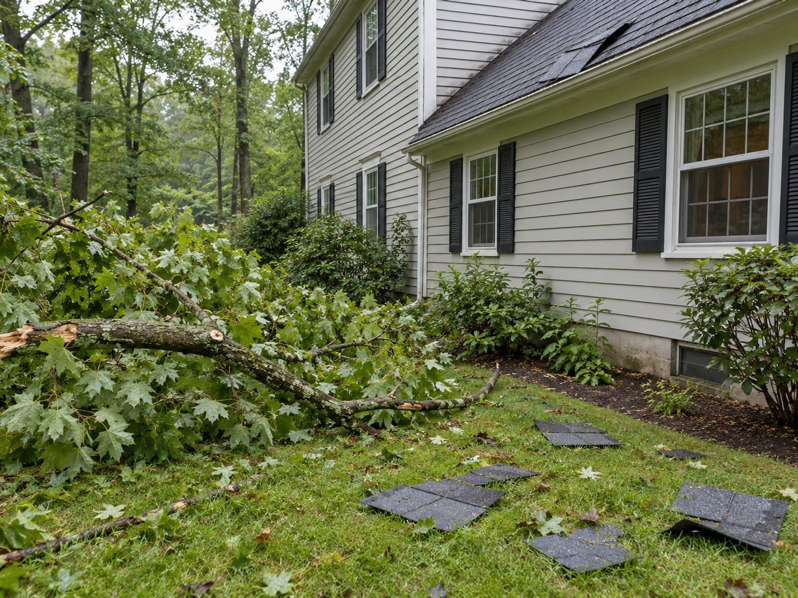 Large fallen maple limb on a wet lawn beside a colonial house with shingle pieces scattered in the grass