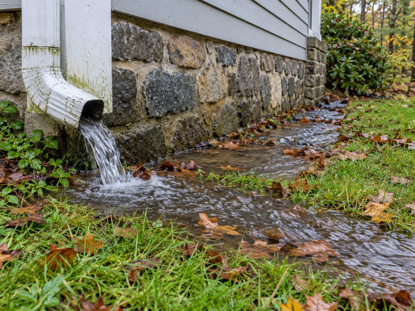 Downspout discharging onto a saturated lawn with a small stream of water running along a foundation in autumn