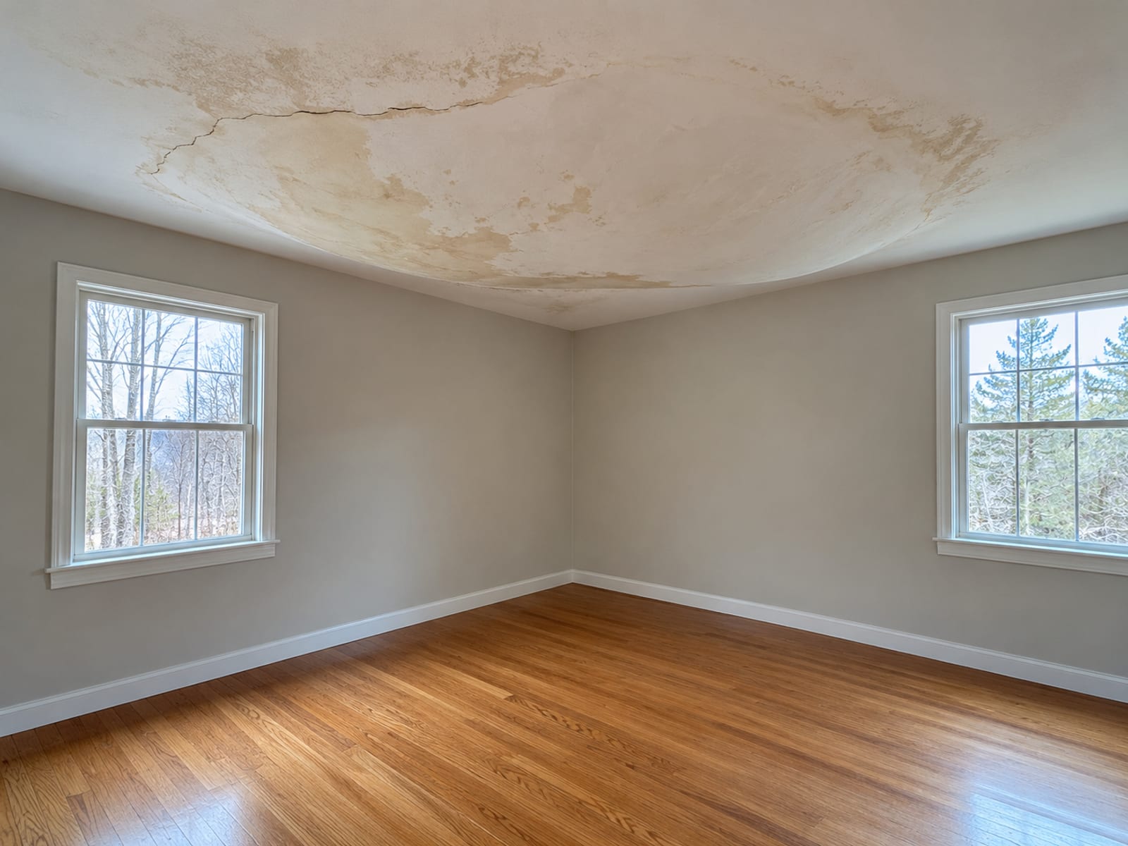 Empty bedroom with a bulging, water stained drywall ceiling sagging in the middle