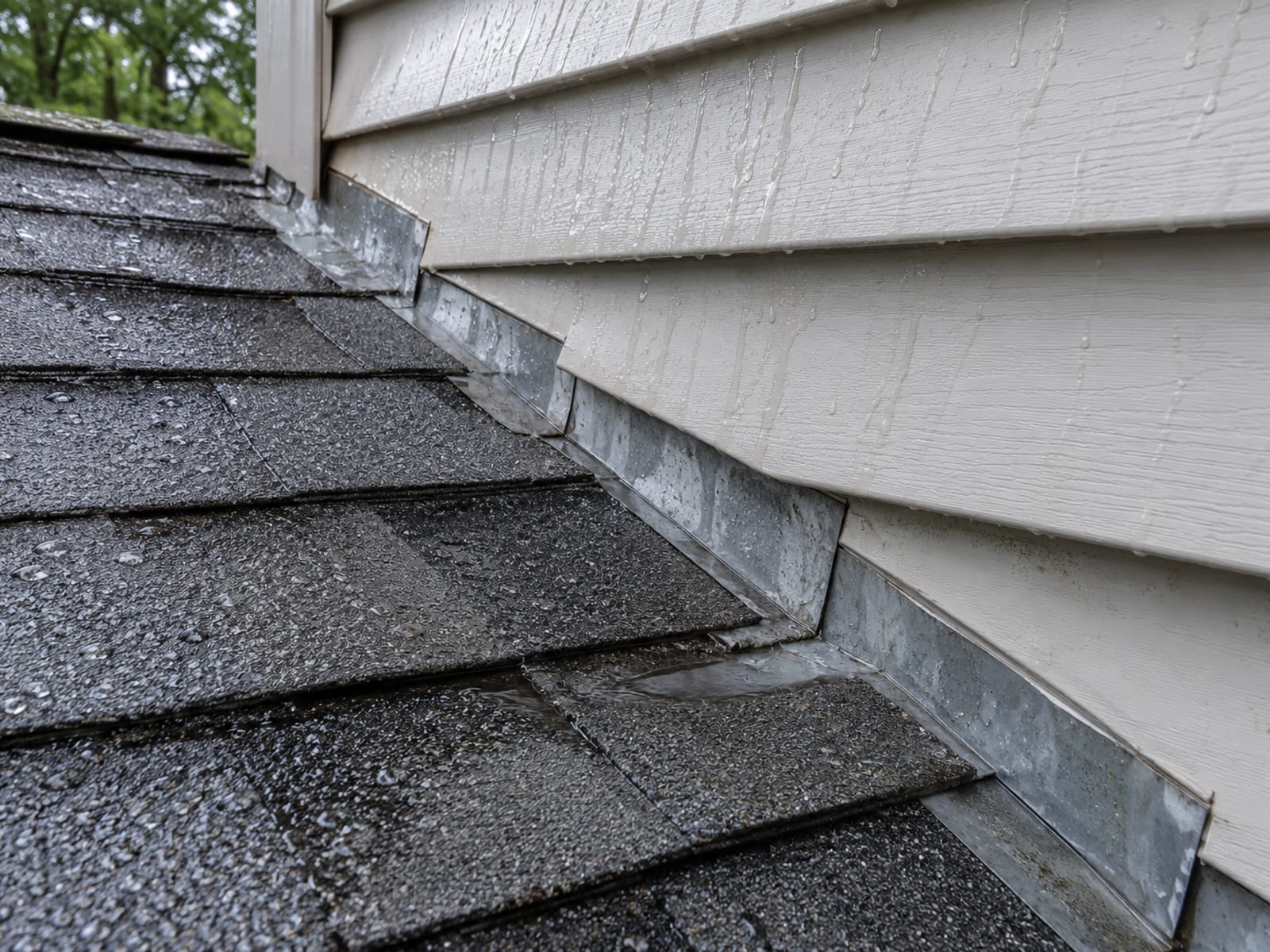 Close view of shingle laps meeting a sidewall with step flashing, rain beads and a streak of water running down the siding