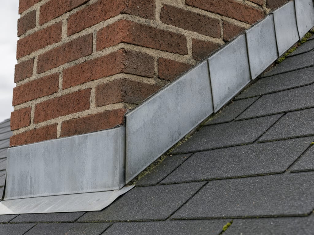 Step flashing along a chimney on an asphalt shingle roof