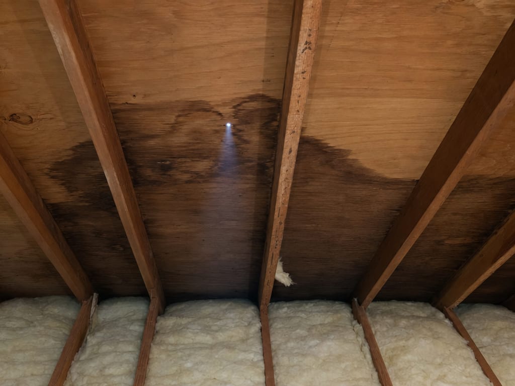 Attic inspection tracing a roof leak path in a Brookfield home