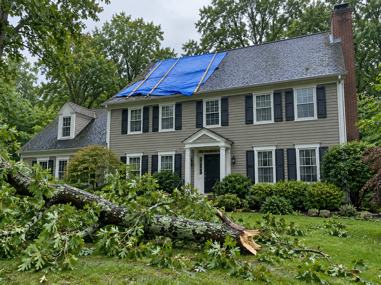 Colonial house with a secured blue tarp over part of the roof and a large fallen oak limb lying on the wet lawn beside it