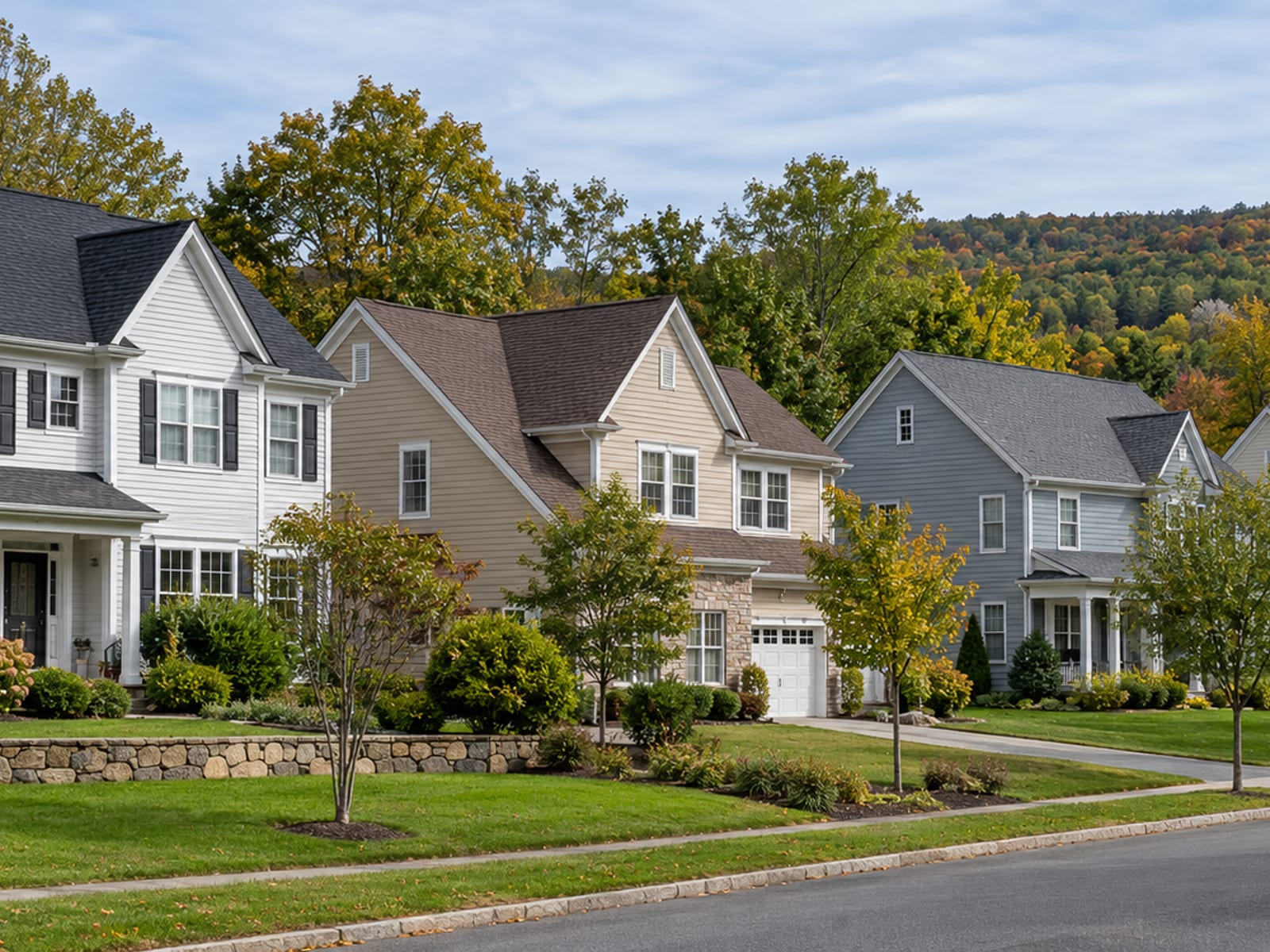 Calle residencial de Connecticut con varias casas que muestran distintos techos terminados de tejas asfálticas