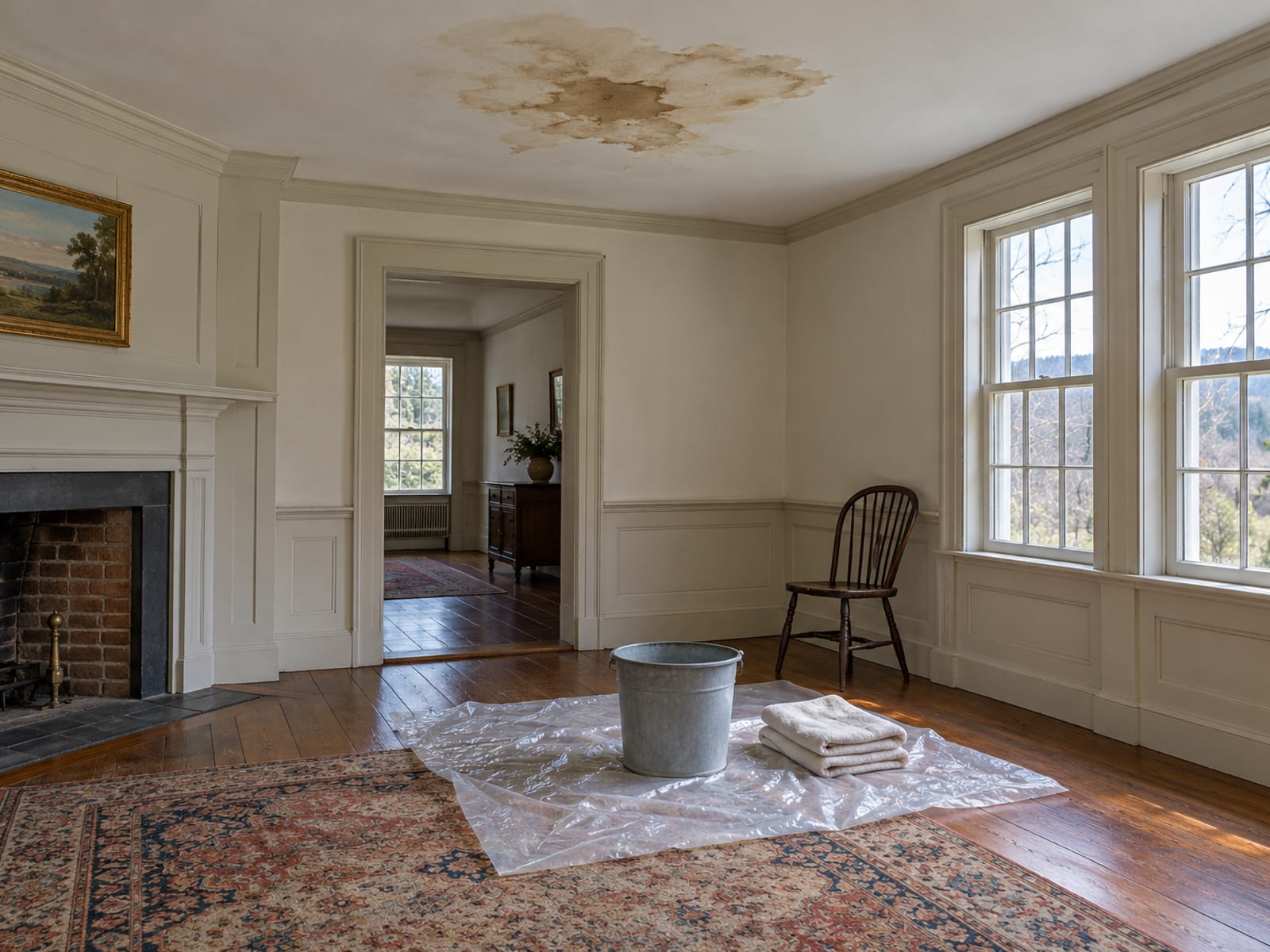 Room with a brown ceiling stain, a bucket and folded towels on plastic sheeting over a wood floor, furniture moved aside