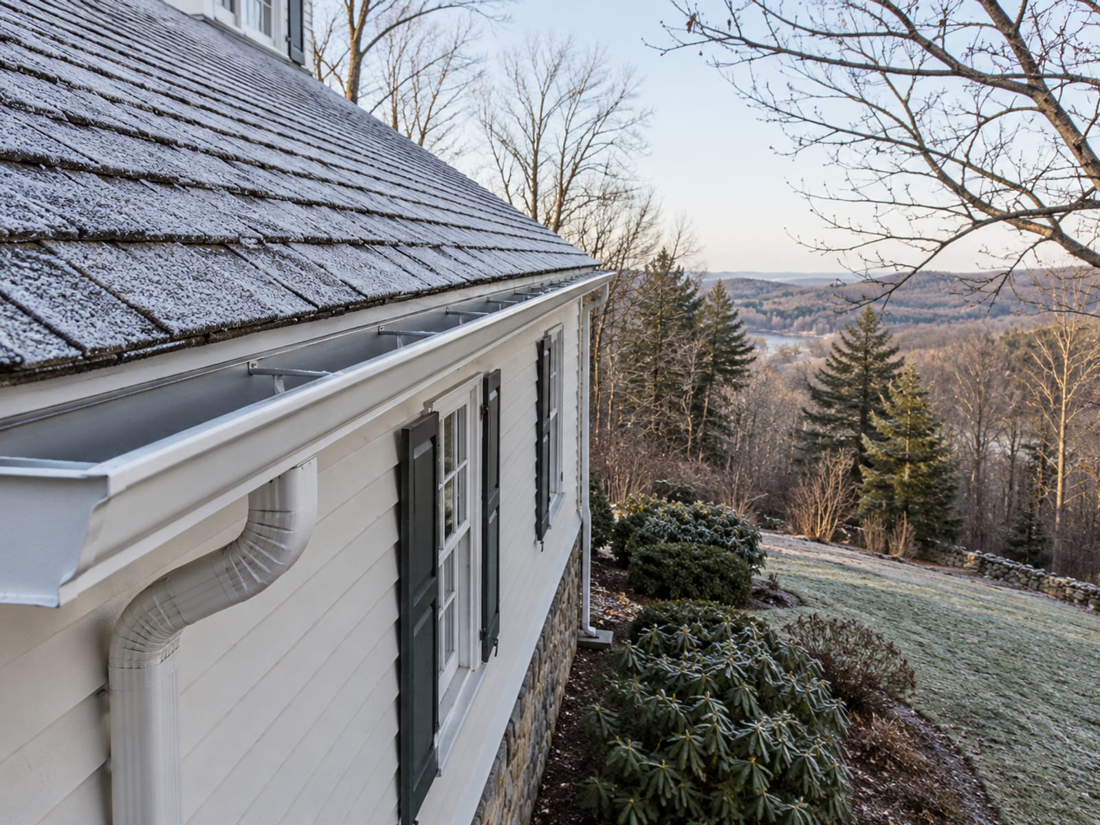 Frost-covered roof edge with a clean gutter and downspout on an older house, with tree branches trimmed back from the roofline