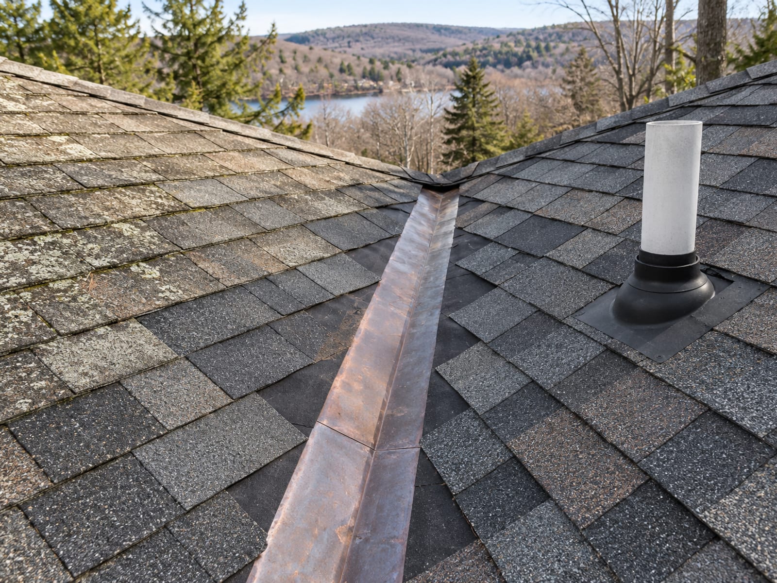 Shingle roof valley with metal flashing over a dark membrane and a vent pipe with a fitted boot, new and old shingles blended