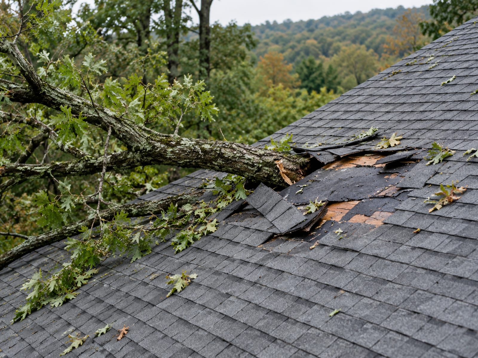 Fallen tree limb lying across a shingle roof slope with a bare patch of exposed underlayment where shingles tore away