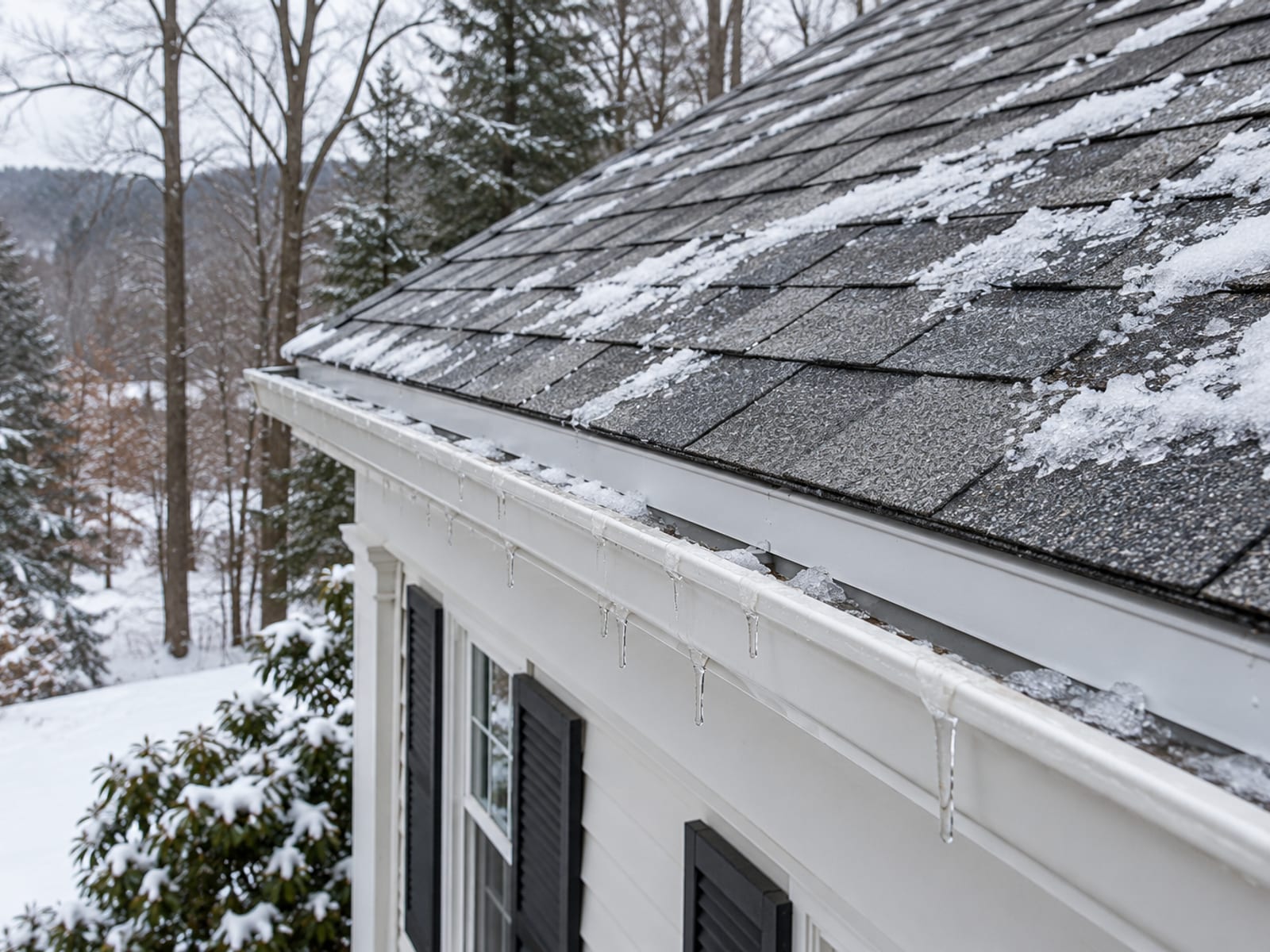 Eave of a colonial house with a thin layer of melting snow on new shingles, small icicles hanging from the gutter and bare trees overhead