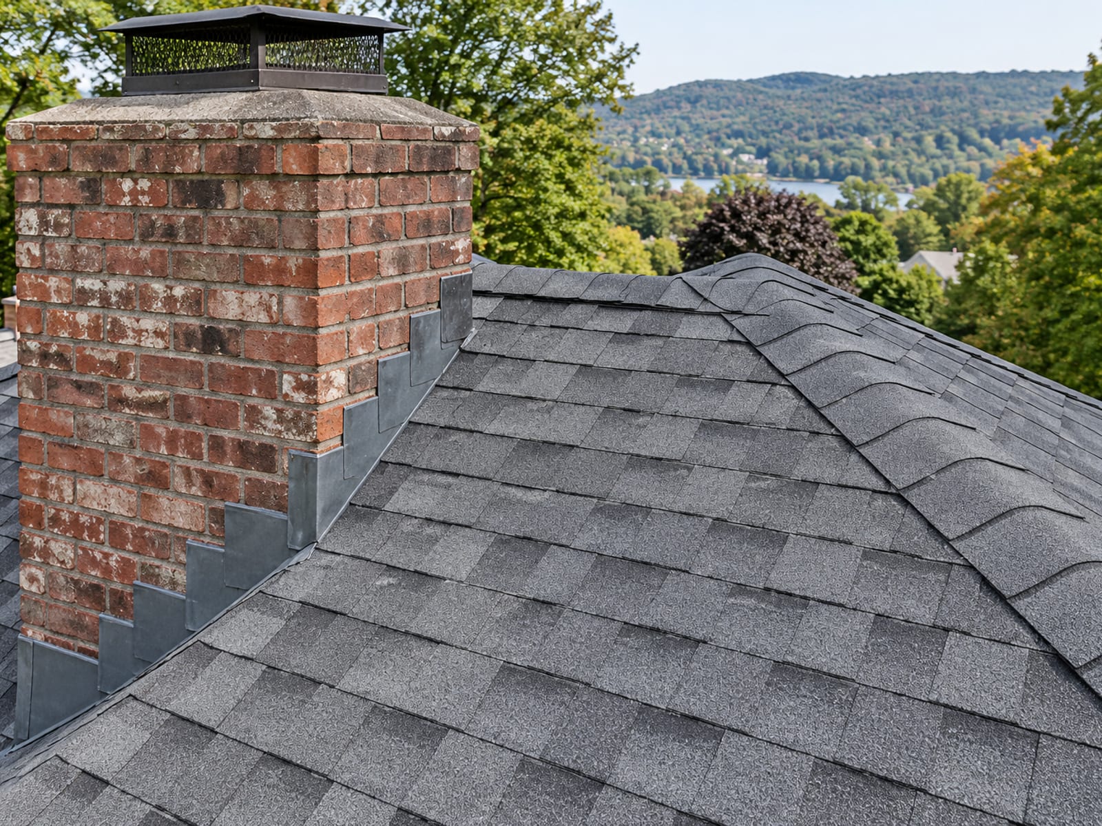 Close view of a finished asphalt shingle roof with a neat ridge cap, step flashing along a brick chimney and straight even shingle courses
