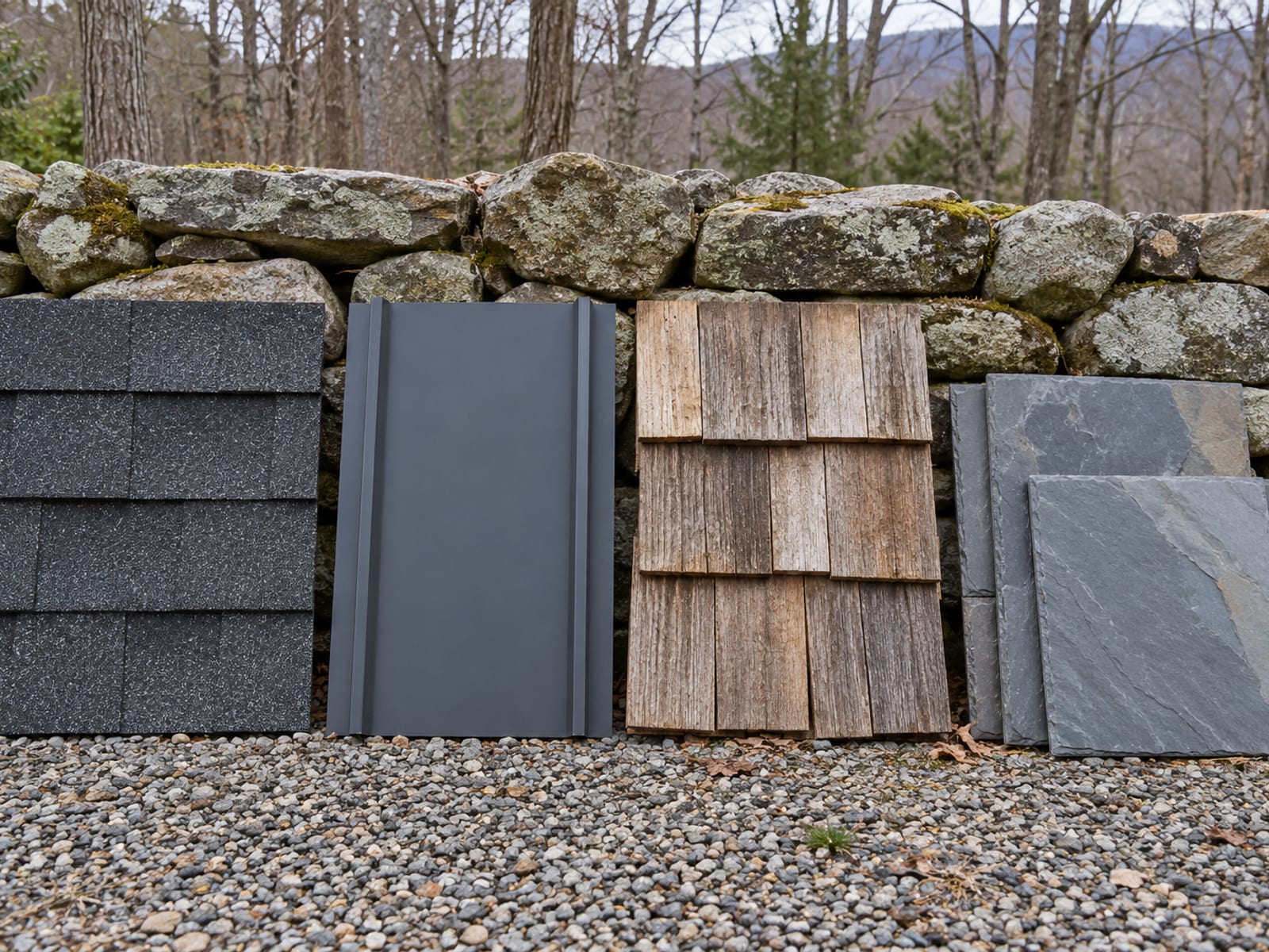 Four roofing material samples leaning on a low fieldstone wall: architectural asphalt shingles, standing seam metal, cedar shakes and slate tile