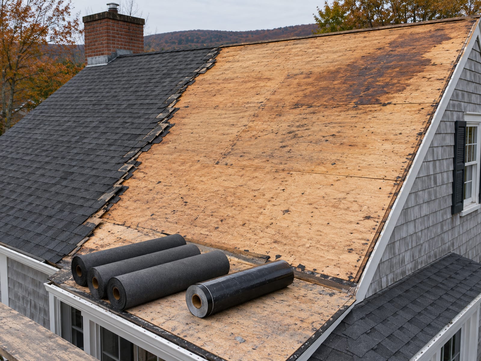 Cape house roof section stripped to the plywood deck with a dark stained patch, the layered old shingles visible at the cut edge and rolls of underlayment staged nearby