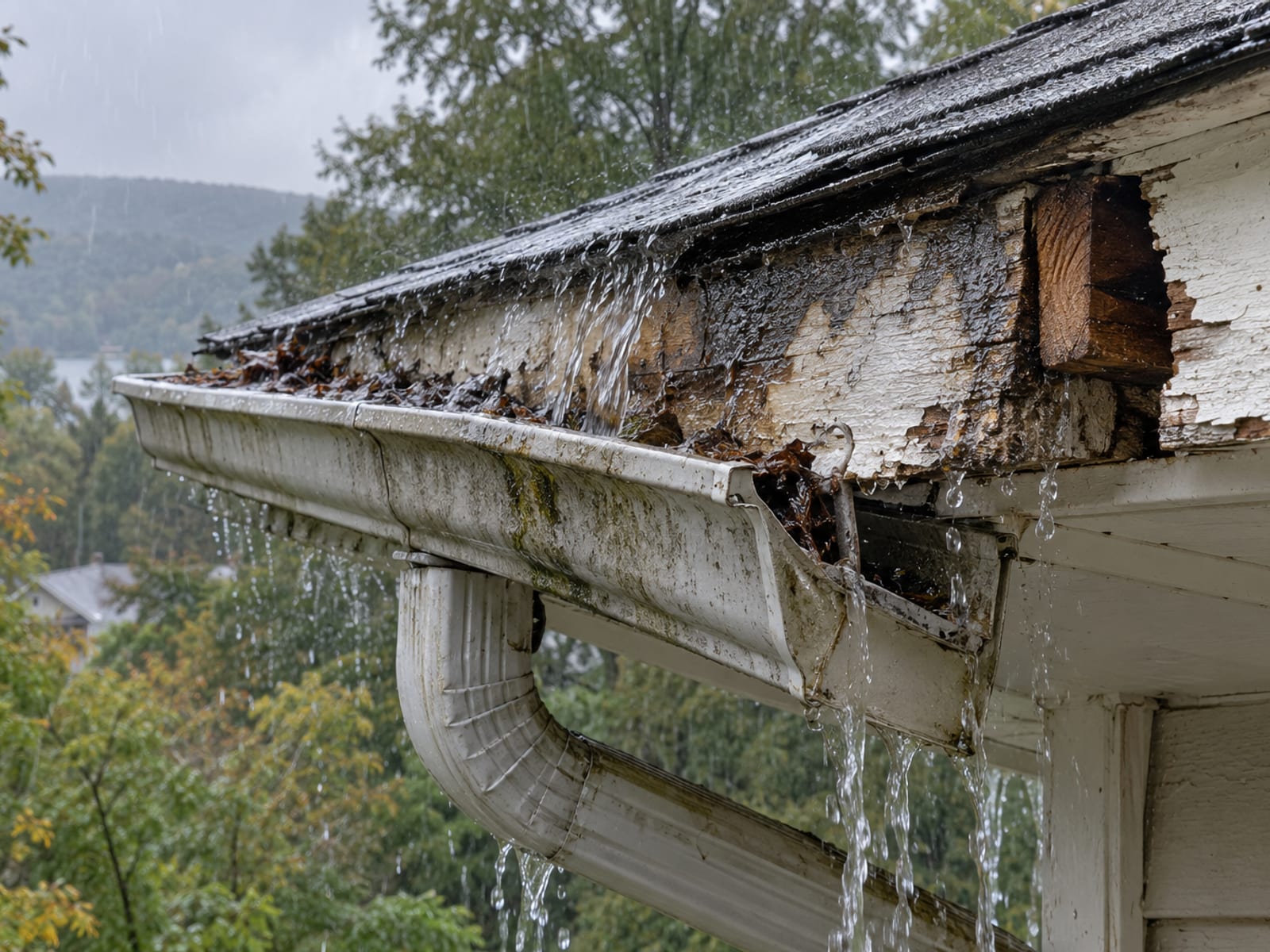 Lluvia derramándose por detrás de una canaleta hundida sobre una fascia oscura y húmeda con extremos de vigas expuestos