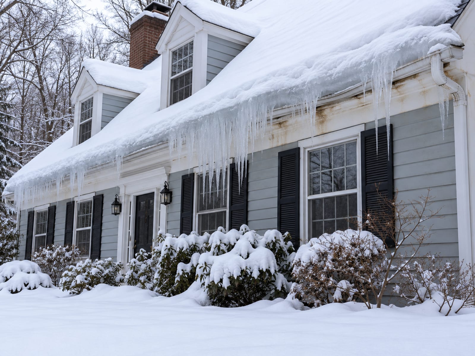 Represa de hielo gruesa y carámbanos largos a lo largo del alero de una casa Cape cubierta de nieve con plafón manchado y canaleta arqueada