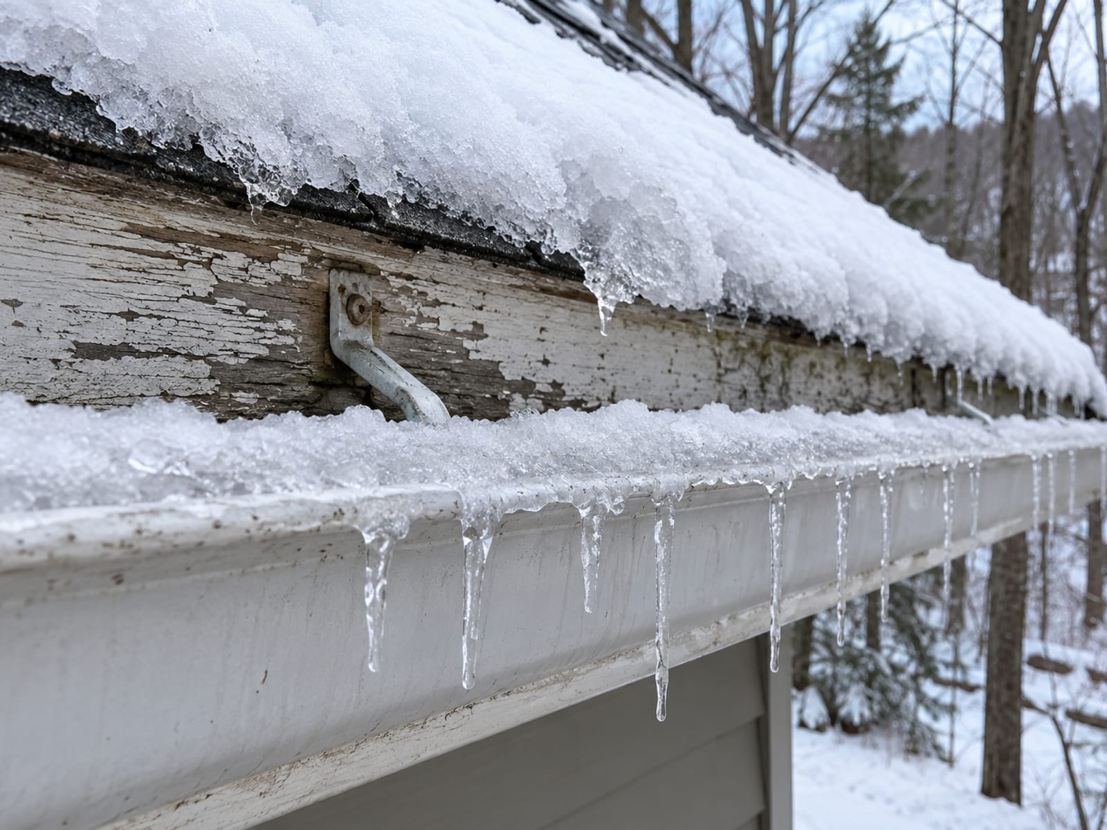 Snow-loaded gutter with icicles hanging from its lip, hung on an older weathered fascia board with peeling paint and a slightly pulled hanger
