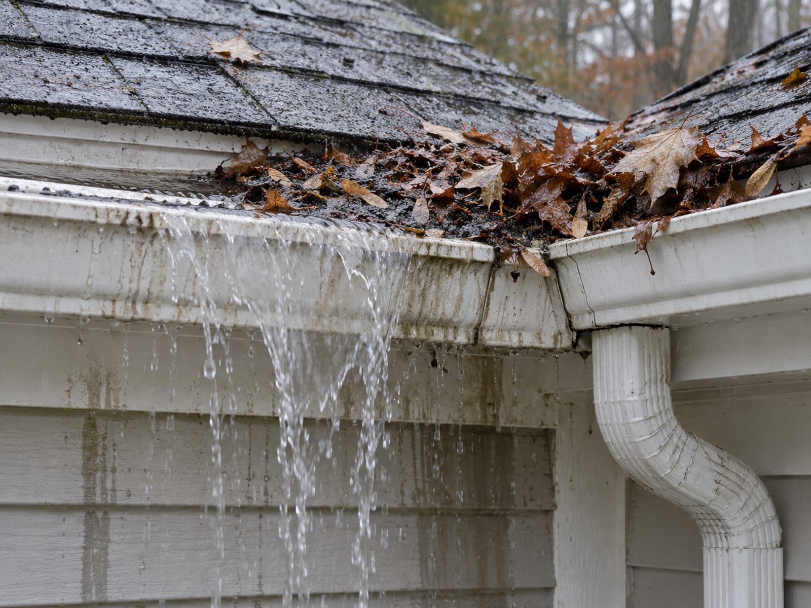 Rainwater spilling over the front edge of a gutter at a corner above a clogged outlet, with leaves and wet streaks running down the fascia and siding