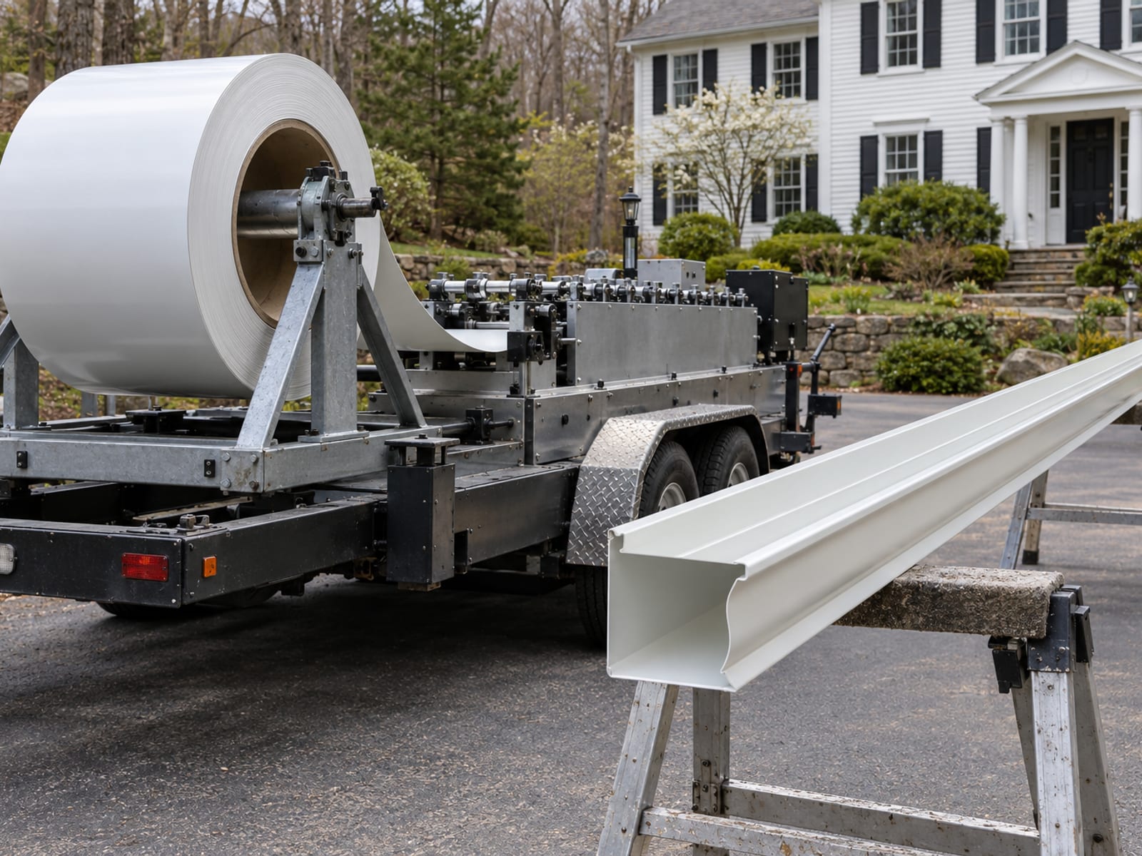 Parked trailer-mounted gutter roll-forming machine loaded with a coil of white metal beside a freshly formed long gutter length resting on trestles in a driveway