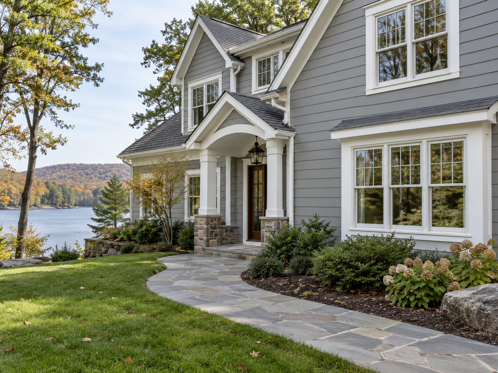 Newly sided house front with crisp white trim, a straight window flashing line and a swept walkway on a clean lawn